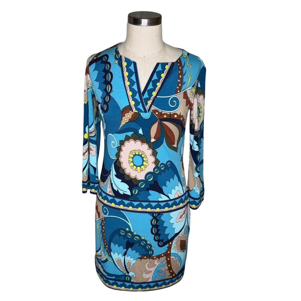 TRINA TURK Colorful Shift Dress Blue Psychedelic Floral Women's Size 0 Retro